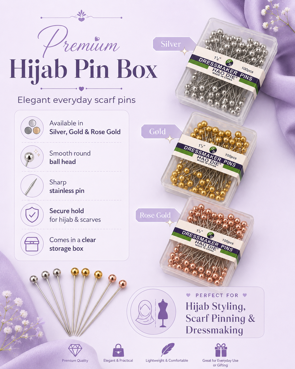 Hijab Pin Box Stainless Scarf Pins with Clear Storage Case