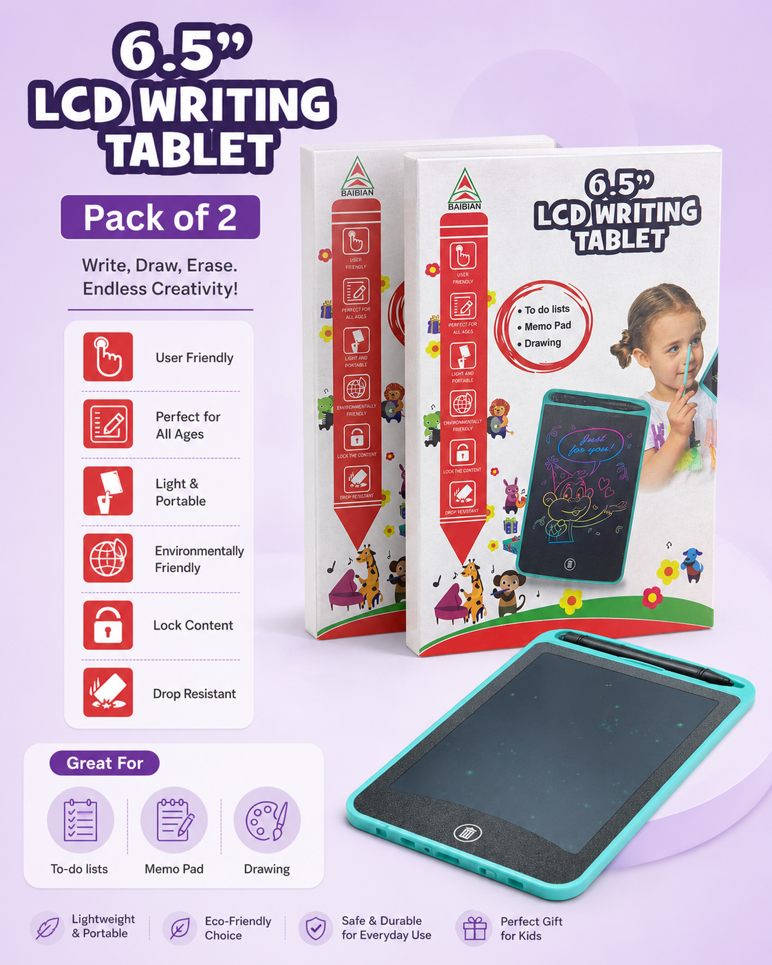 6.5 Inch LCD Writing Tablet for Kids with Stylus Reusable Drawing Pad
