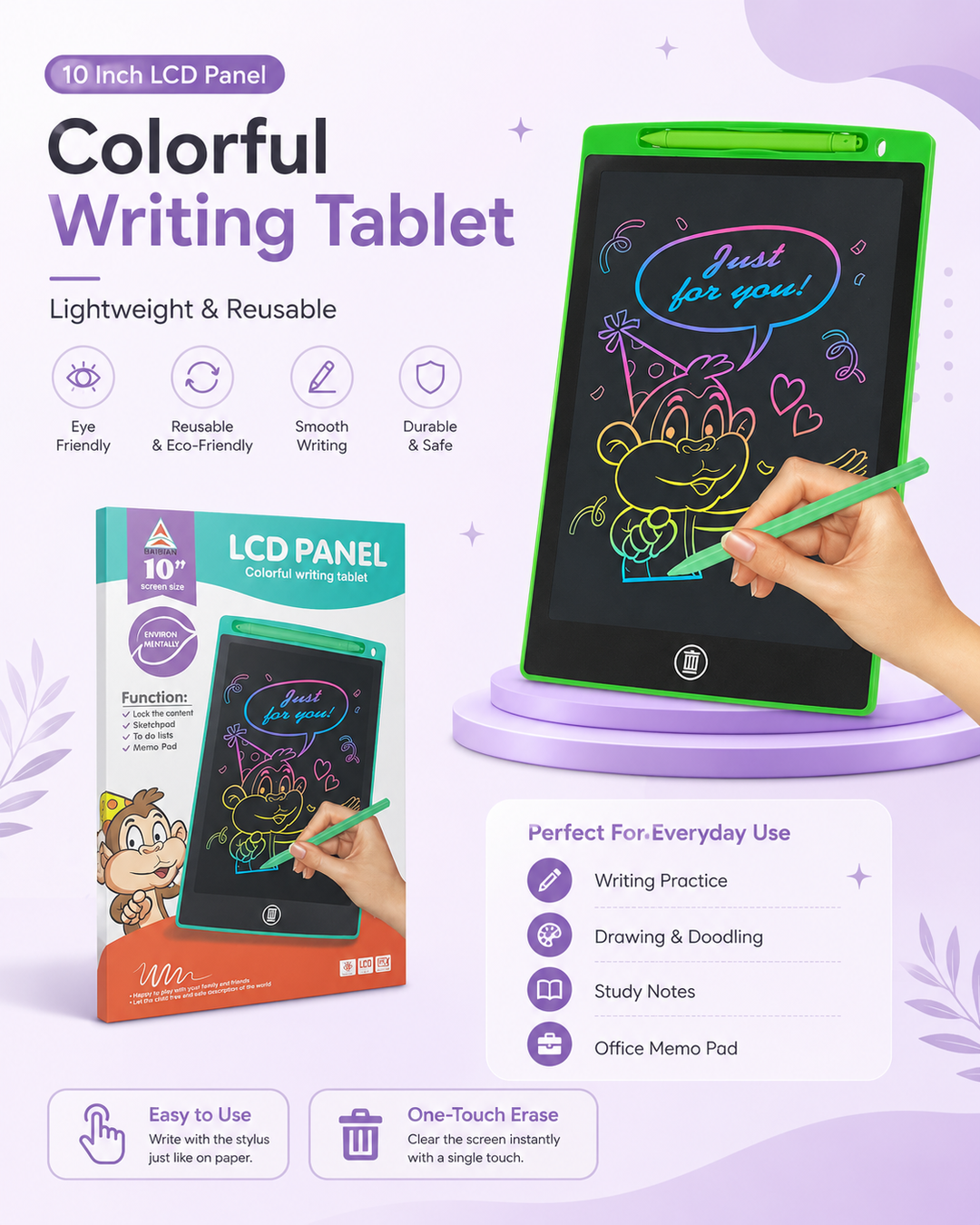10 Inch LCD Writing Tablet for Kids Colorful Reusable Drawing Pad