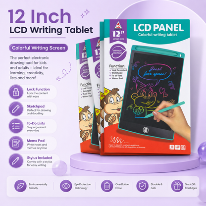 12 Inch LCD Writing Tablet for KidsColorful Screen Reusable  Lock Function & One-Click Erase