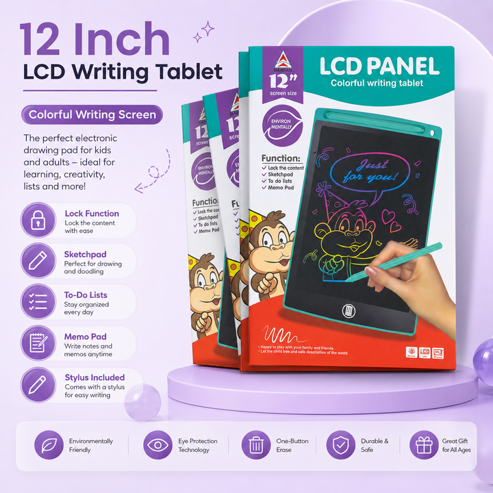 12 Inch LCD Writing Tablet for KidsColorful Screen Reusable  Lock Function &amp; One-Click Erase