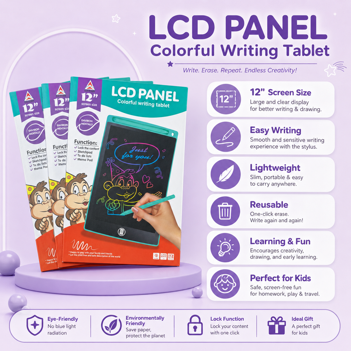 12 Inch LCD Writing Tablet for KidsColorful Screen Reusable  Lock Function &amp; One-Click Erase