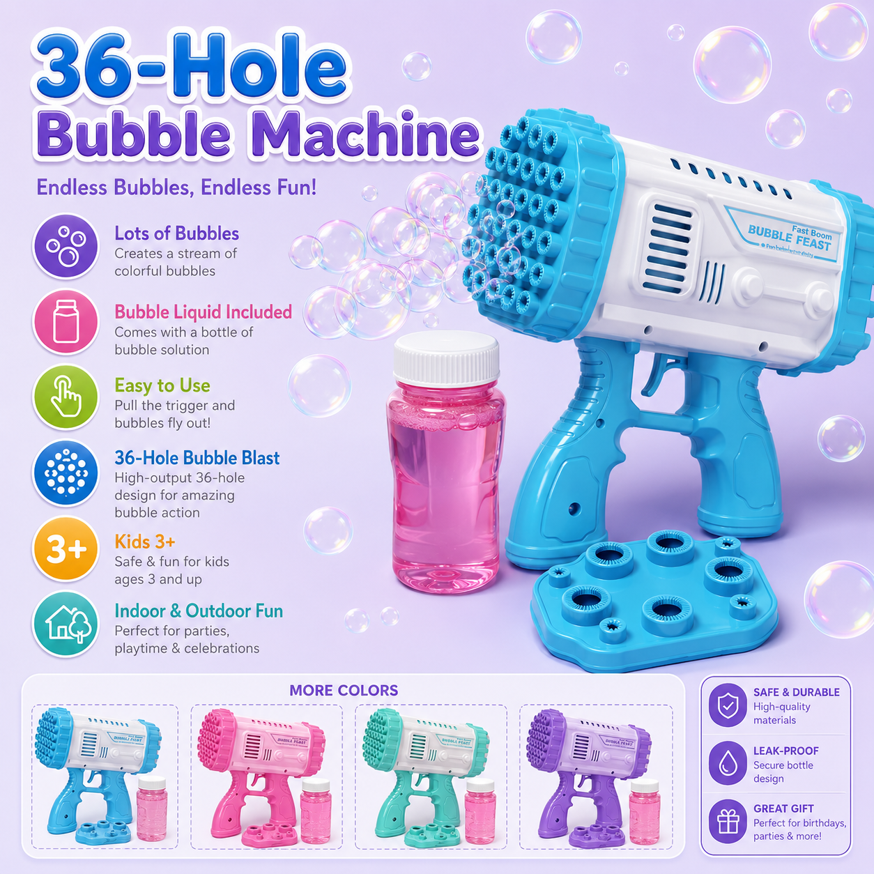 36-Hole Bubble Bazooka Gun for Kids with Bubble Liquid & Tray