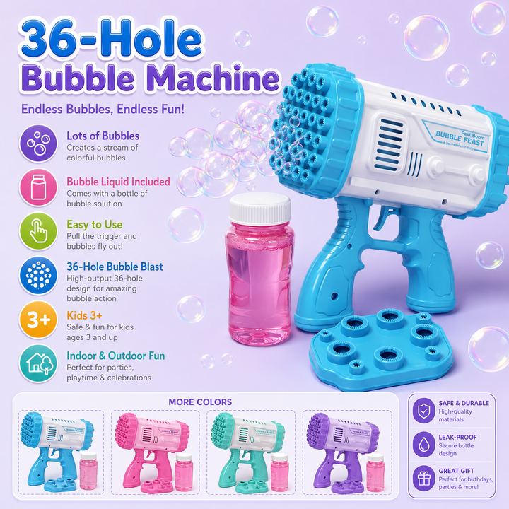 36-Hole Bubble Bazooka Gun for Kids with Bubble Liquid &amp; Tray