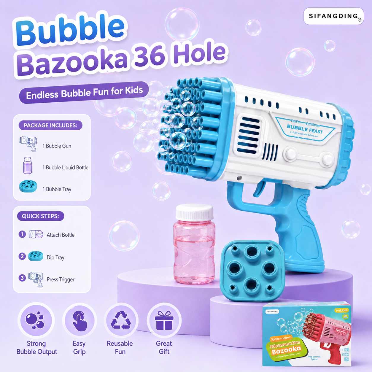 36-Hole Bubble Bazooka Gun for Kids with Bubble Liquid & Tray