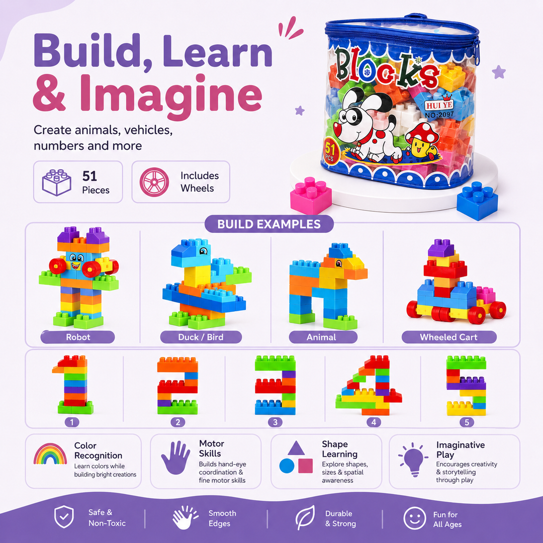 51 PCS Kids Building Blocks Toy Set with Storage Bag