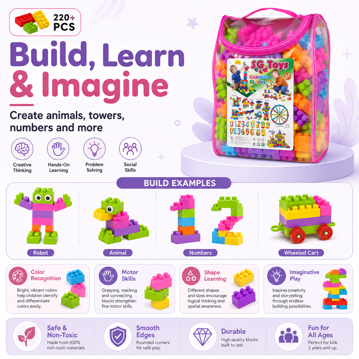 226 Pcs Kids Building Blocks Set Construction Toy with Storage Bag