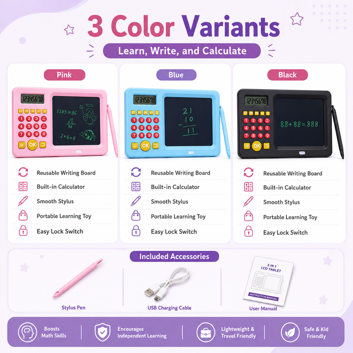 2-in-1 LCD Writing Tablet with Calculator Kids Learning Baby Tab