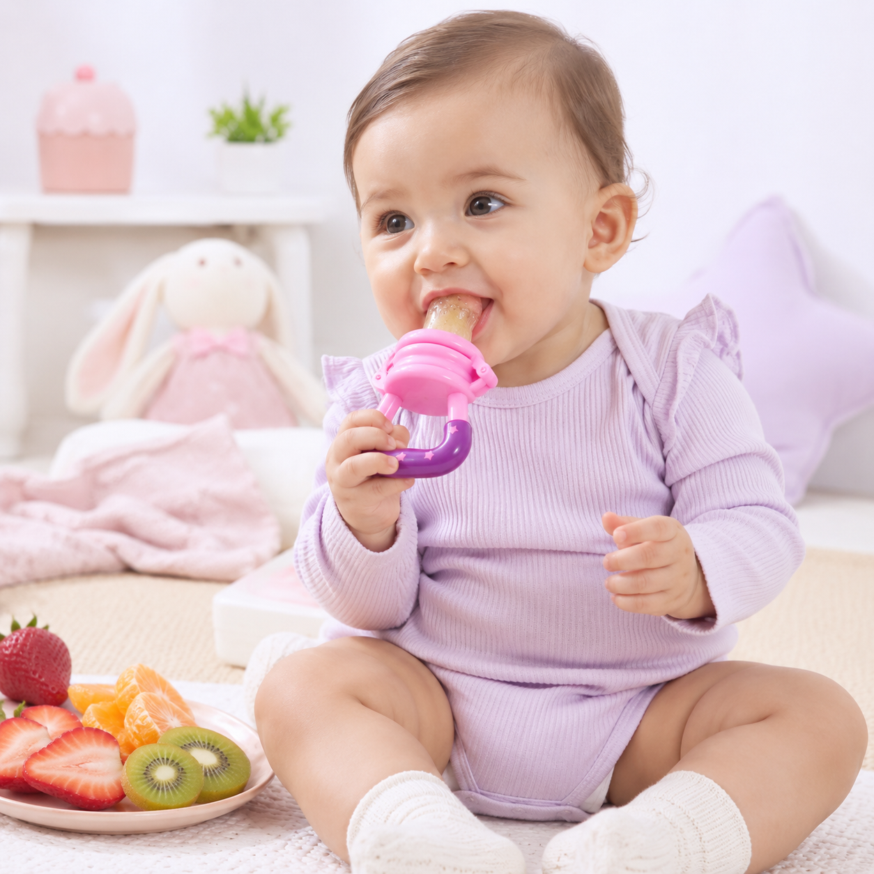 Baby Fruit Feeder Pacifier  Soft Silicone Fruit Nibbler with Protective Cap
