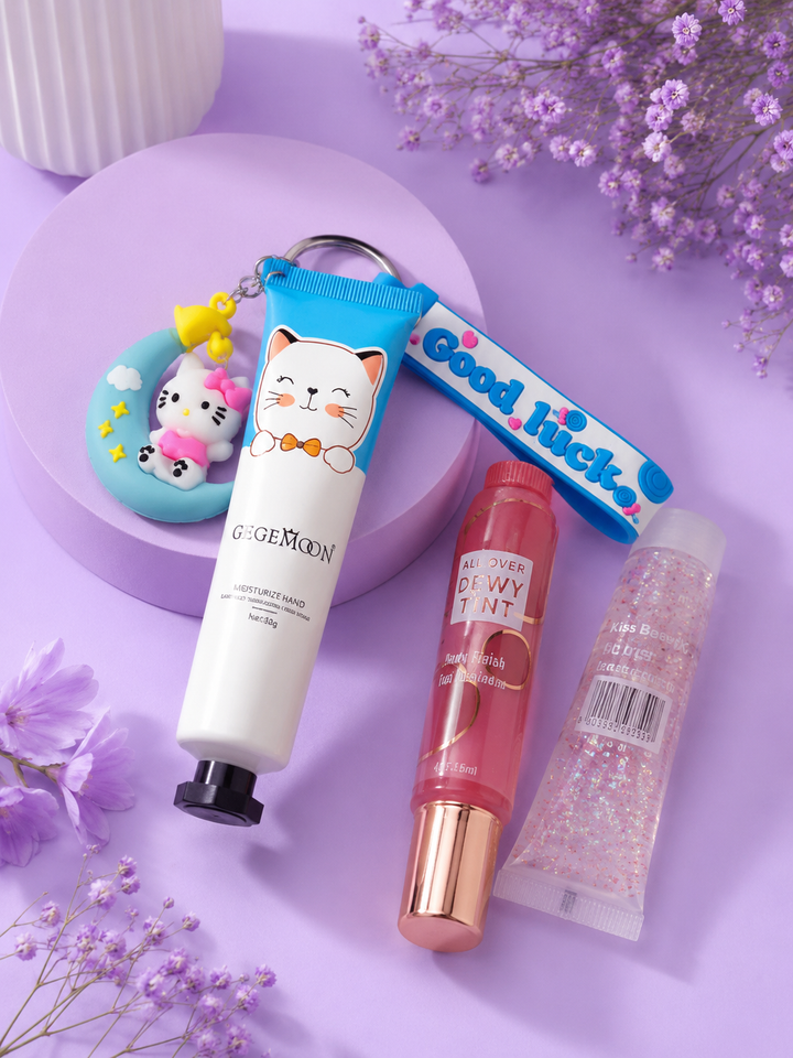 3 In 1 Beauty Keychain Combo Set  Lip Gloss, Liquid Blush &amp; Hand Cream Keychain Gift Set for Girls &amp; Women