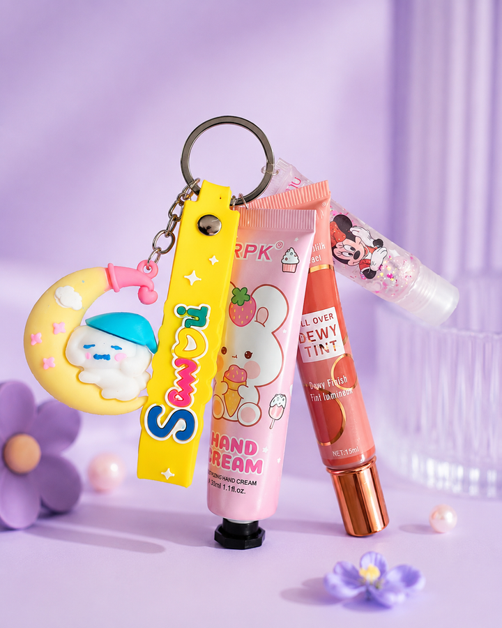 3 In 1 Beauty Keychain Combo Set  Lip Gloss, Liquid Blush &amp; Hand Cream Keychain Gift Set for Girls &amp; Women