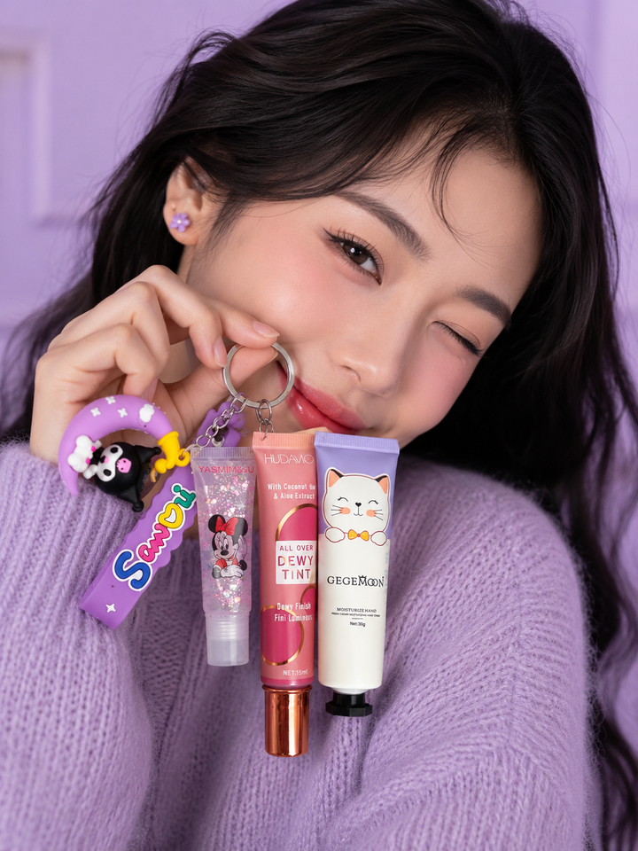 3 In 1 Beauty Keychain Combo Set  Lip Gloss, Liquid Blush &amp; Hand Cream Keychain Gift Set for Girls &amp; Women