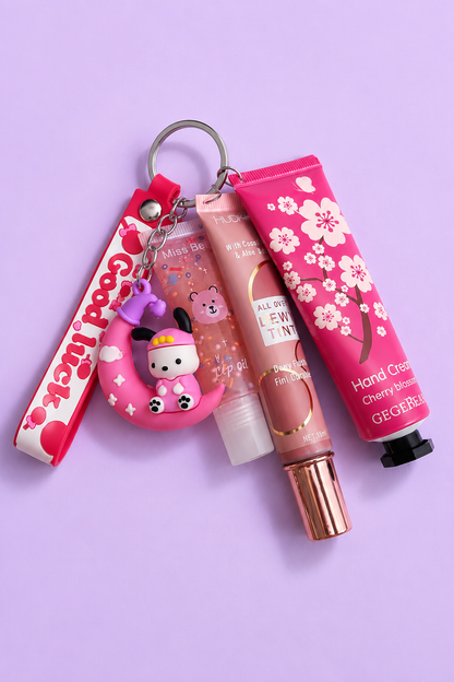 3 In 1 Beauty Keychain Combo Set  Lip Gloss, Liquid Blush & Hand Cream Keychain Gift Set for Girls & Women