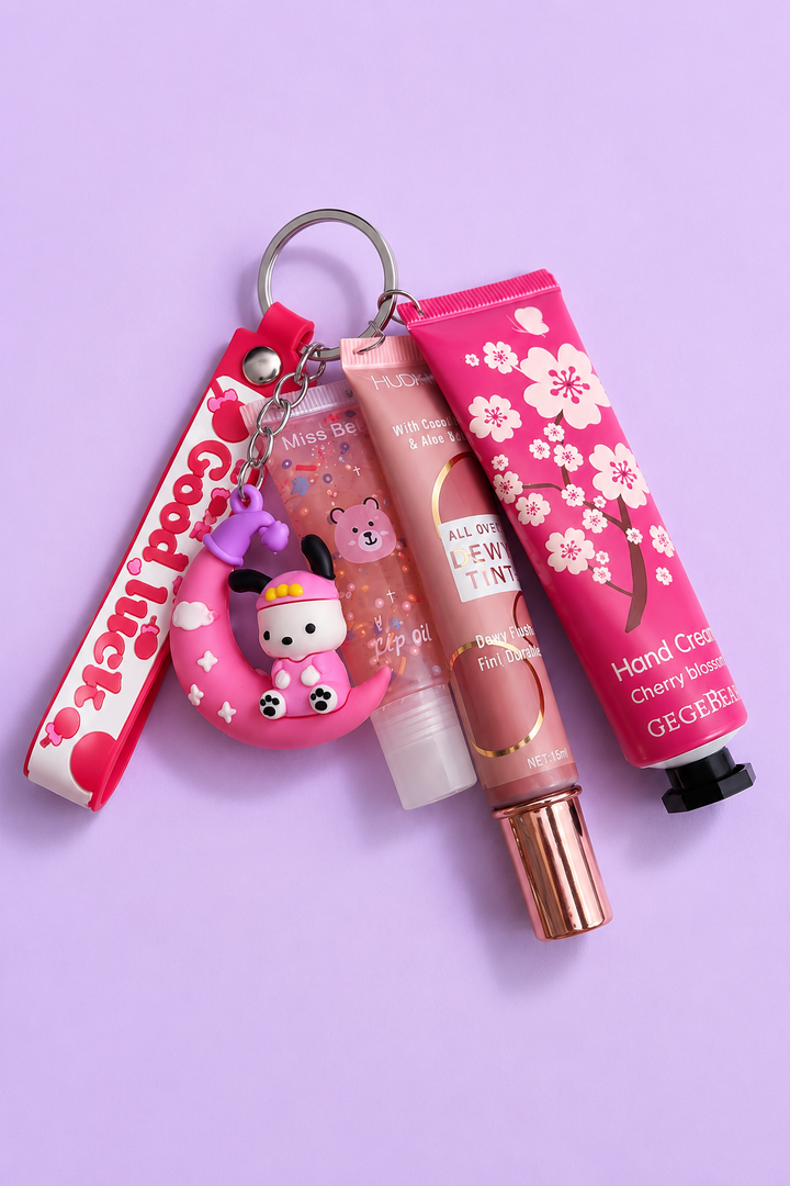 3 In 1 Beauty Keychain Combo Set  Lip Gloss, Liquid Blush &amp; Hand Cream Keychain Gift Set for Girls &amp; Women