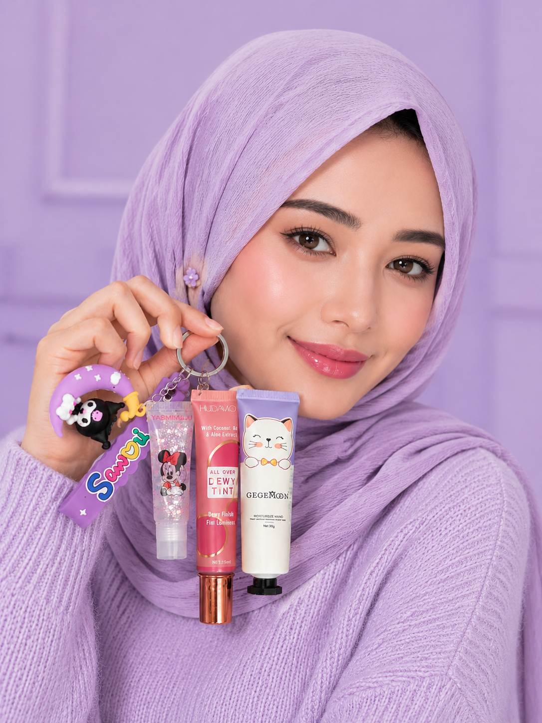 3 In 1 Beauty Keychain Combo Set  Lip Gloss, Liquid Blush & Hand Cream Keychain Gift Set for Girls & Women