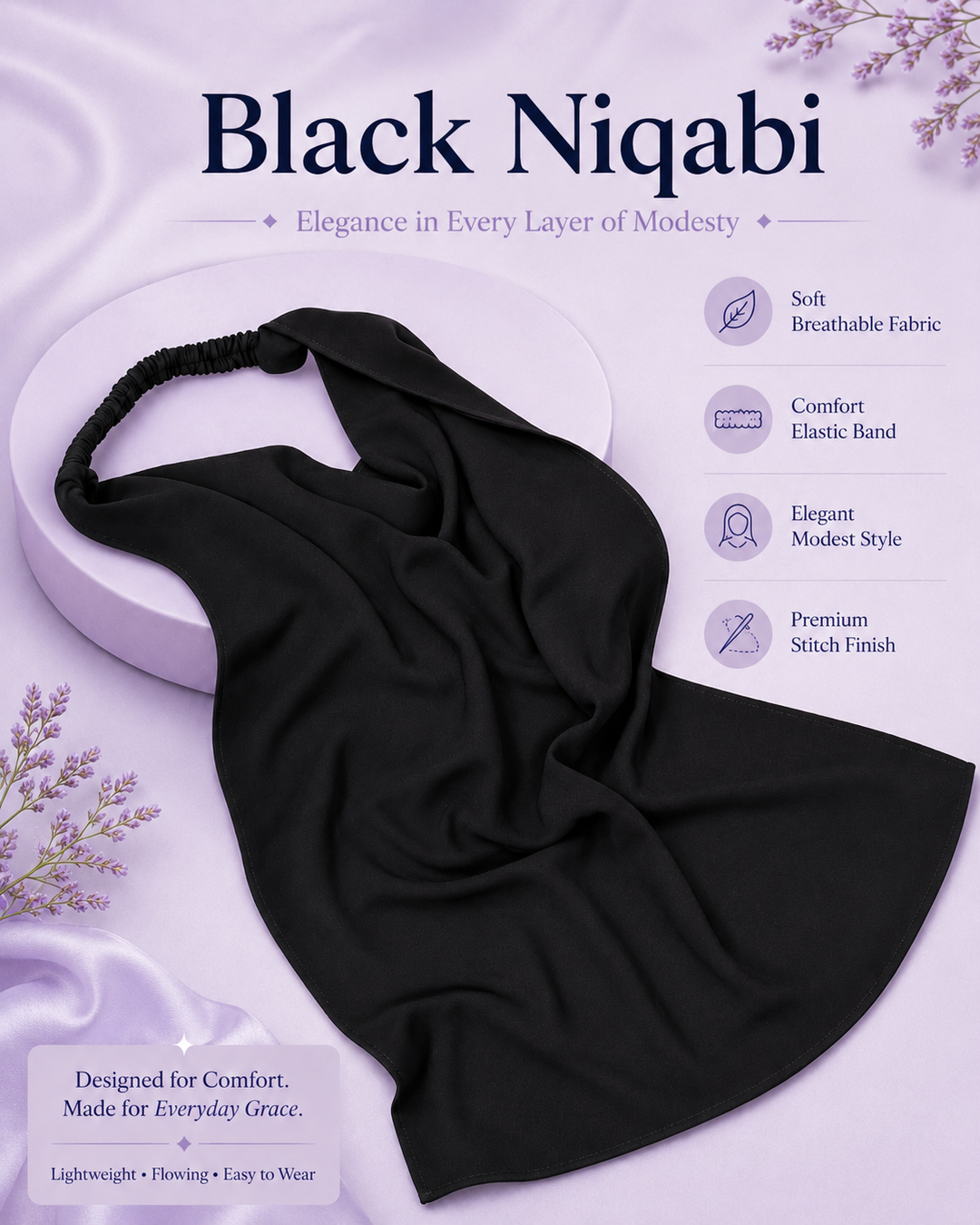 Black Niqabi  Elegant Breathable Modest Face Veil for Women