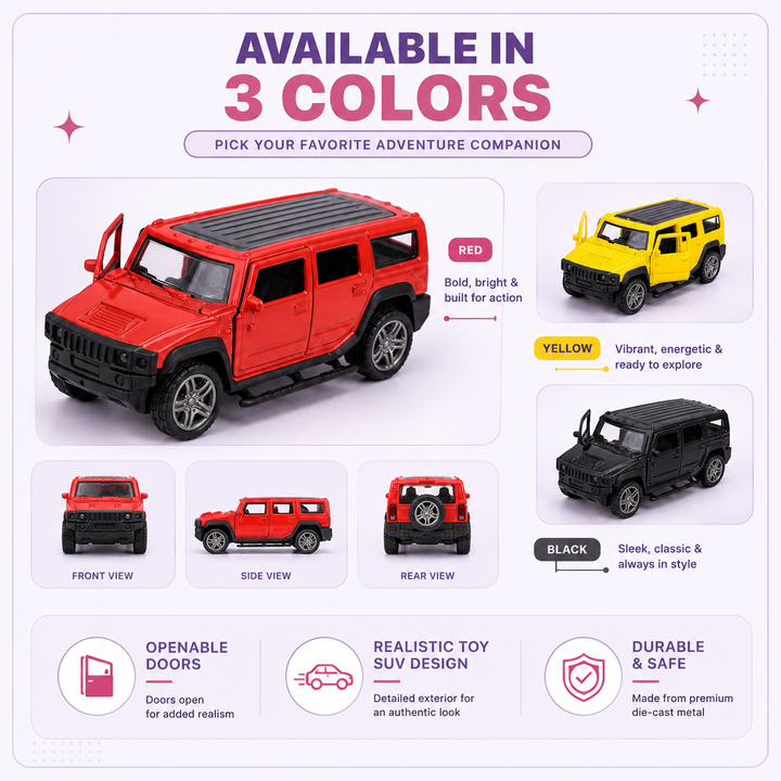 Hummer Style Metal Pull Back SUV Toy Car with Openable Doors